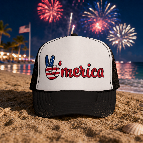 Trucker Hat – "'Merica" Peace Sign USA Flag Patriotic Foam Trucker Hat