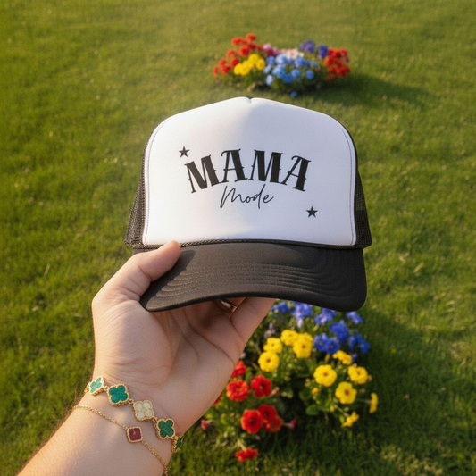 Mama Mode Trucker Hat — Vintage Script Foam Mesh Cap for Moms